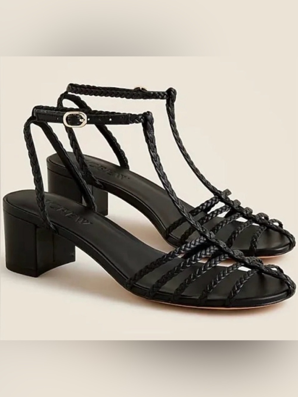 J.Crew $188 Shay braided-strap block-heel sandals in leather, Black, Sz 11 New
